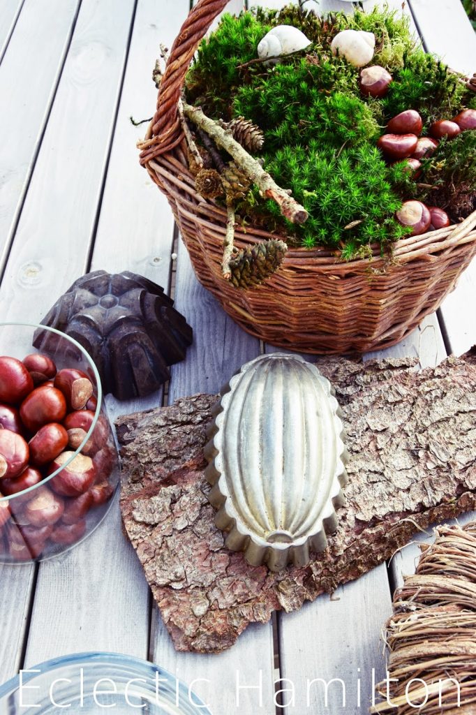 Herbstdeko aus dem Wald. Mit natürlichen Materialien dekorien Dekoration, Herbst, Kastanien, Moos, Lärche, Buchecker,