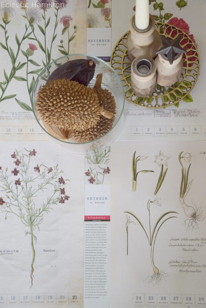 Dekoidee mit Kalenderblätter. Herbstlich einfach und effektvoll. Leicht umzusetzen. Deko, Dekoration, Herbst, herbstlich, Kerze, Trockenfrüchte, Sofa, Konsole, Wohnzimmer, Dattelzweig, DIY, Herbstdeko, Druck, Pflanzendrucke