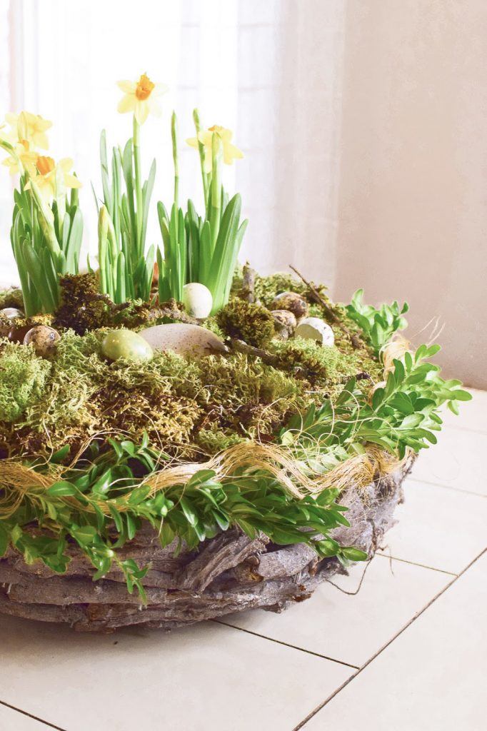 Osterdeko mit Natur: DIY Osternest mit Moos, Holzkranz, Narzissen, Eiern, Buchs. Einfach selber machen Ostern Dekoidee Osterdeko mit Natur: DIY Osternest mit Moos, Holzkranz, Narzissen, Eiern, Buchs. Einfach selber machen Ostern Dekoidee