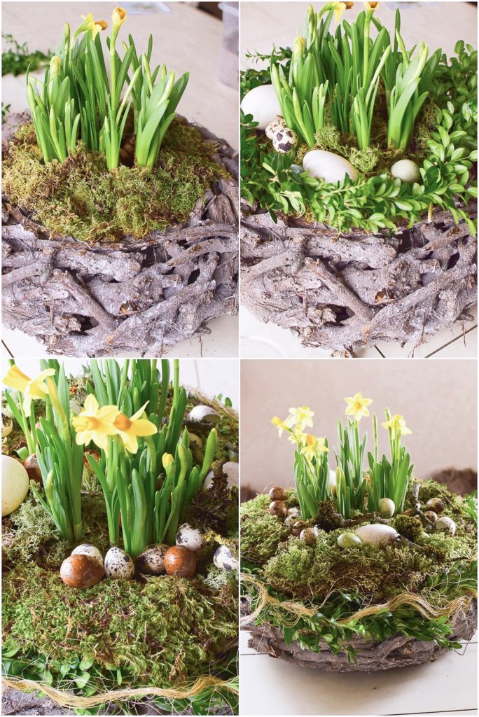 Osterdeko mit Natur: DIY Osternest mit Moos, Holzkranz, Narzissen, Eiern, Buchs. Einfach selber machen Ostern Dekoidee Osterdeko mit Natur: DIY Osternest mit Moos, Holzkranz, Narzissen, Eiern, Buchs. Einfach selber machen Ostern Dekoidee