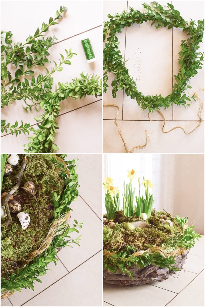 Osterdeko mit Natur: DIY Osternest mit Moos, Holzkranz, Narzissen, Eiern, Buchs. Einfach selber machen Ostern Dekoidee Osterdeko mit Natur: DIY Osternest mit Moos, Holzkranz, Narzissen, Eiern, Buchs. Einfach selber machen Ostern Dekoidee