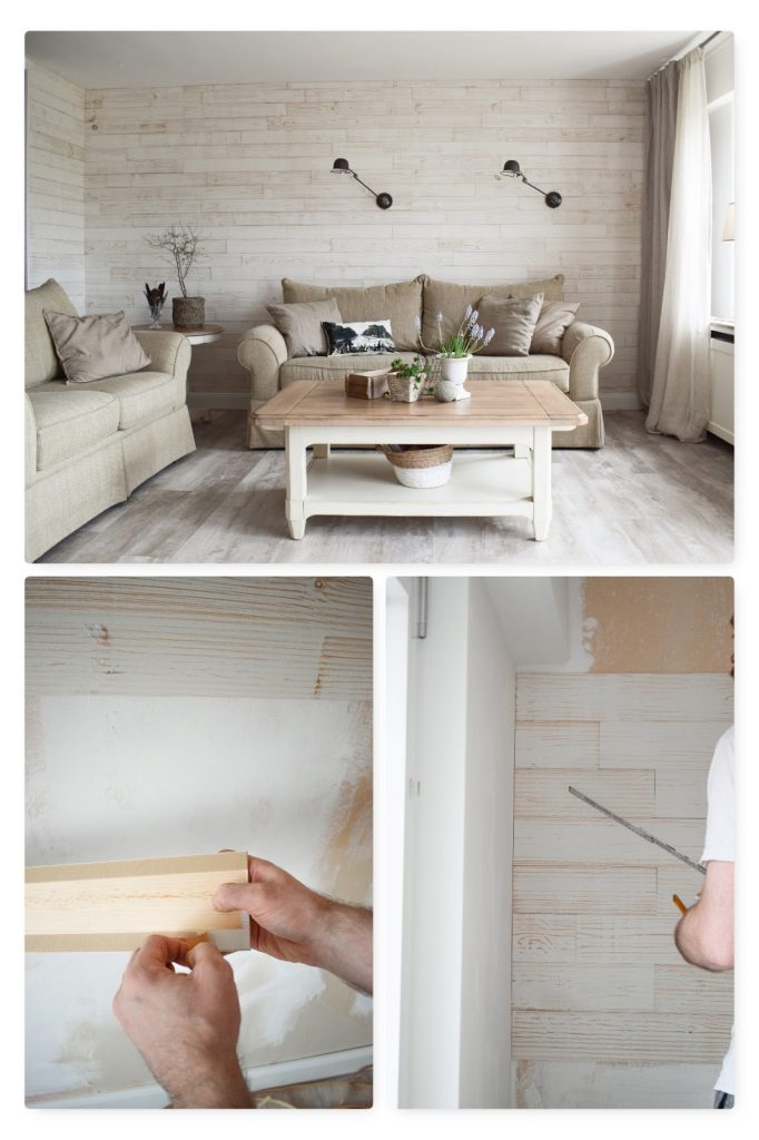 Holzverkleidung für die Wand mit Wandwood Paneele einfach kleben. Anleitung Holzwand verkleiden und selbermachen. Wandgestaltung für Wohnzimmer aus Holz. Ideen für innen. DIY Verkleidung aus Holz selber anbringen Renovierung renovieren Holzpaneele Fertigpaneele