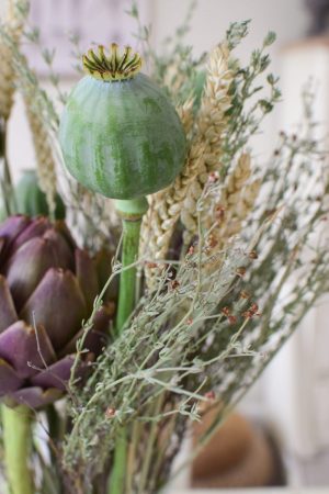 Frische Artischocke, Weizen, Mohn und Thymian für deine Naturdeko Ideen. Ideal für Kränze, Sträuße oder als Solität. Einfach und schnell mit Naturmaterialien Kreativsein, Gestalten, Basteln